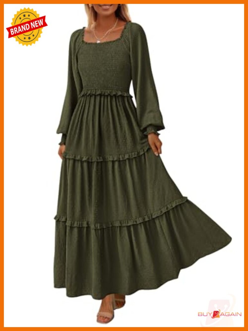Smocked Long Sleeve Maxi Dress with Pockets Swiss Dot Ruffle